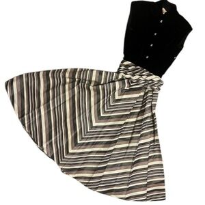 60s vintage black and white striped midi skirt with button closure and z…